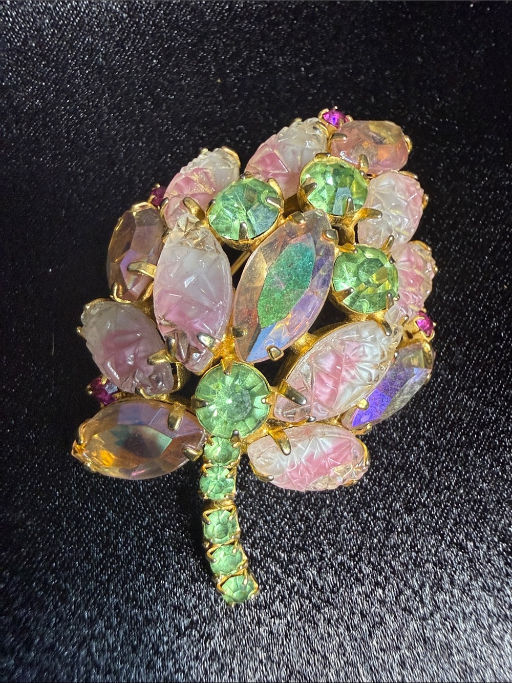 Vintage-Inspired Pink & Green Crystal Leaf Brooch -Mid Century Austrian Style
